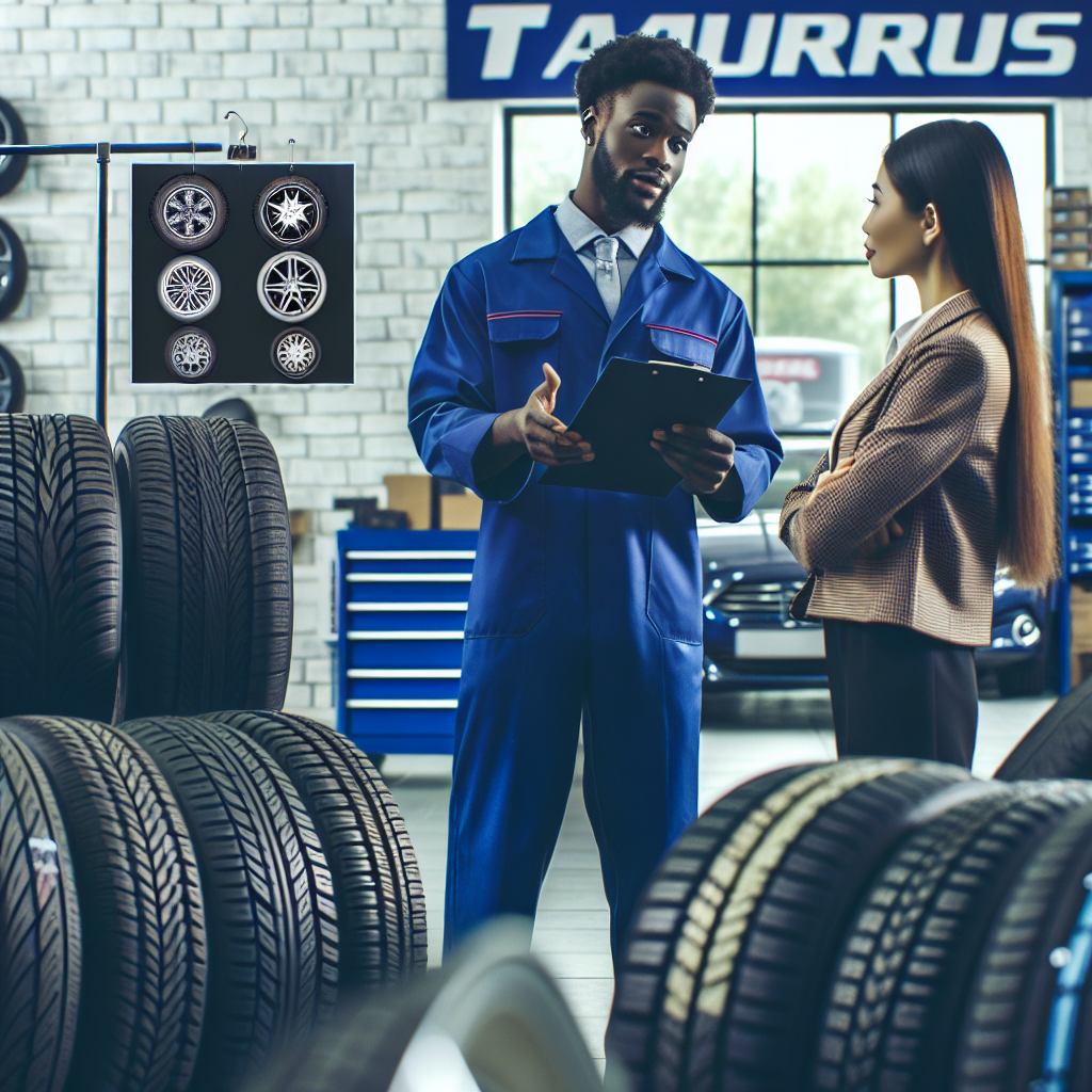 Imaginea ilustreaza diferite modele de anvelope Taurus expuse intr-un service auto, cu un angajat care consulteaza un client, toate detaliile fiind clare si iluminarea naturala.