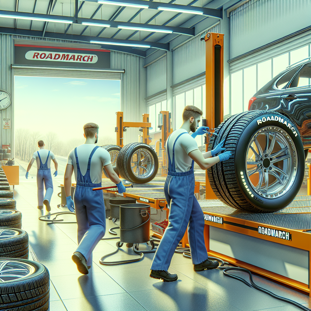 Imagine care ilustreaza procesul de instalare a anvelopelor Roadmarch pe un automobil intr-un service auto, cu oameni europeni care lucreaza intr-un mediu curat si organizat.