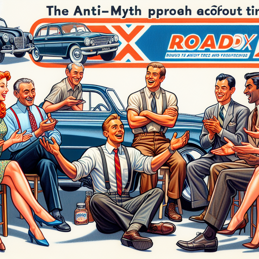 Imagine cu un grup de oameni care discuta despre anvelopele RoadX, inconjurati de diferite modele de automobile. Toti oamenii din imagine par a fi europeni si sunt implicati intr-un dialog, vizualizand o abordare anti-mit privind alegerea anvelopelor.