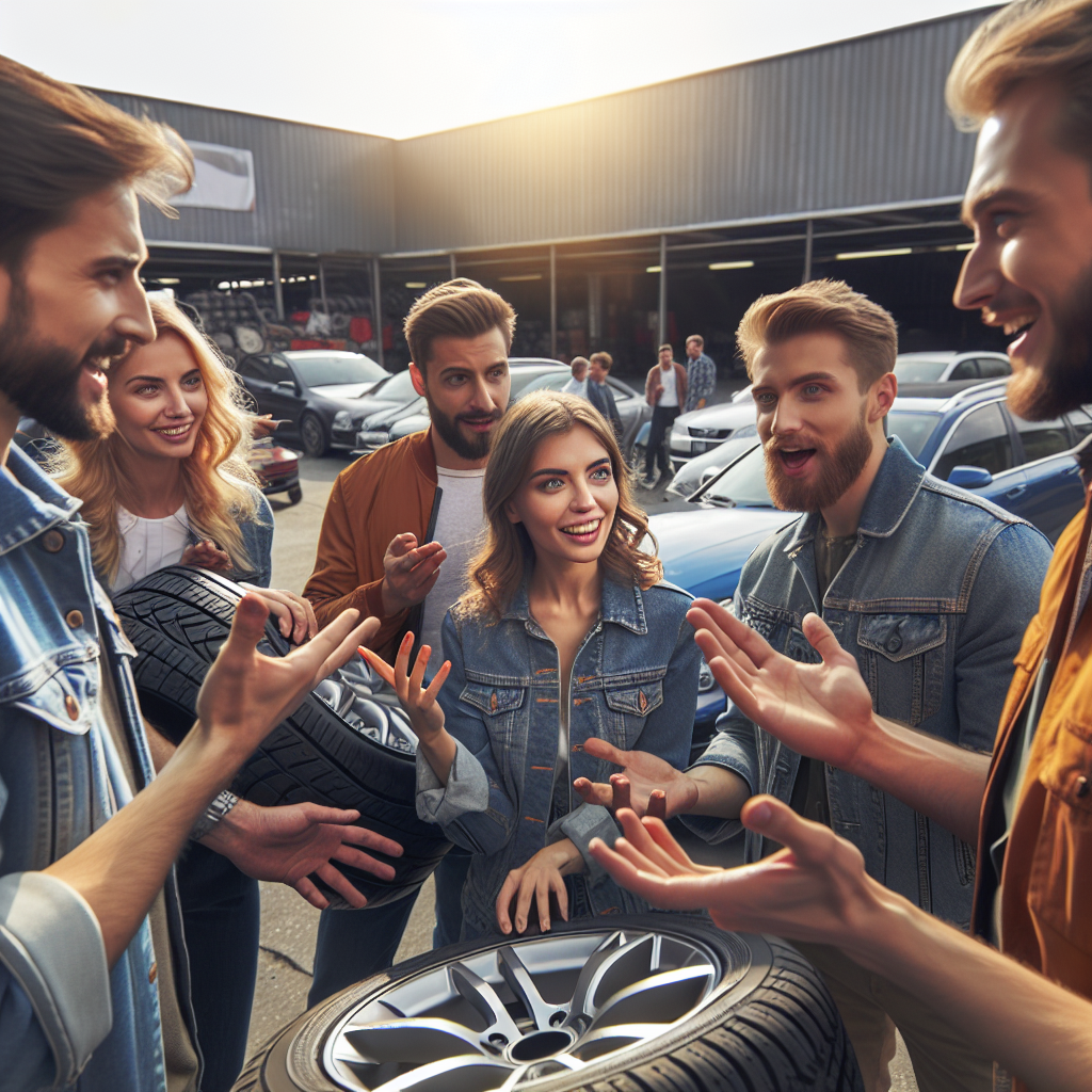 Imagine cu un grup de soferi care impartasesc experientele pozitive legate de utilizarea anvelopelor RoadX. Toti oamenii din imagine par a fi europeni si sunt imbracati in haine casual, creand o atmosfera de schimb de experienta.
