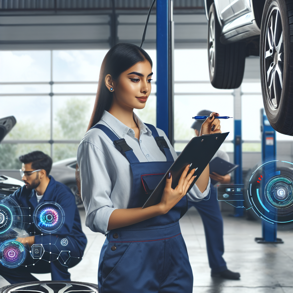Imagine cu un mecanic care verifica anvelopele unei masini, utilizand tehnologii moderne si instrumente de diagnosticare. Toti oamenii din imagine par a fi europeni si desfasoara activitati intr-un mediu profesional de service auto.