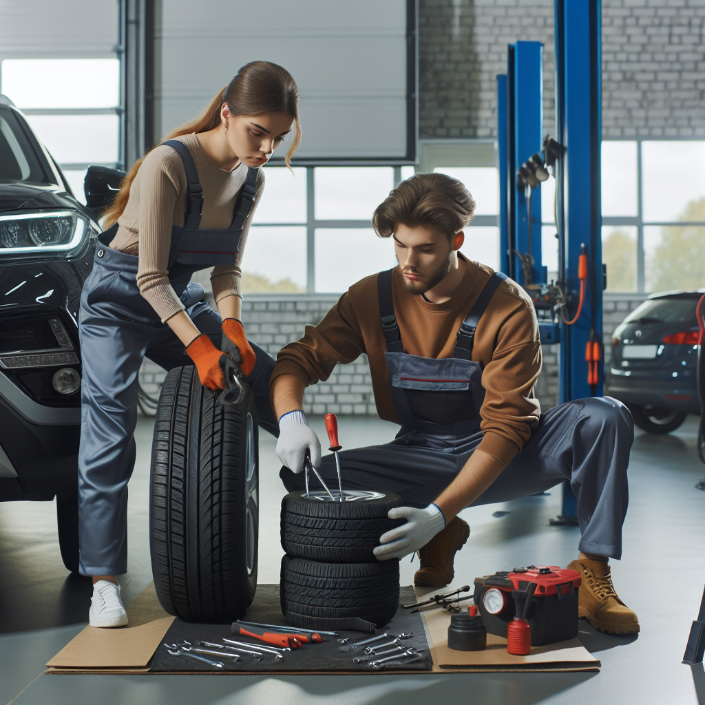 Imagine cu mecani auto europeni care instaleaza anvelope pe o masina intr-un service auto modern.