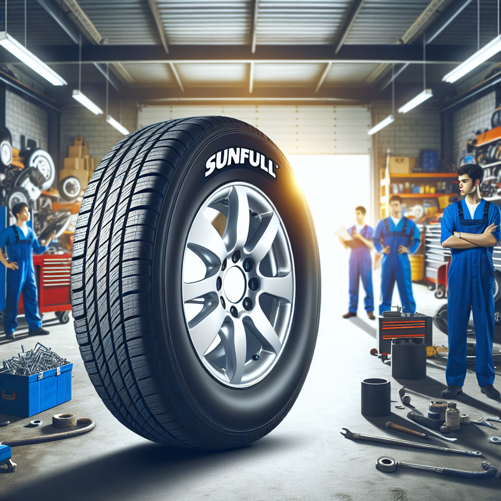 Imaginea unei anvelope Sunfull pe fundalul unui service auto, unde lucreaza mecanici, toti avand un aspect european.