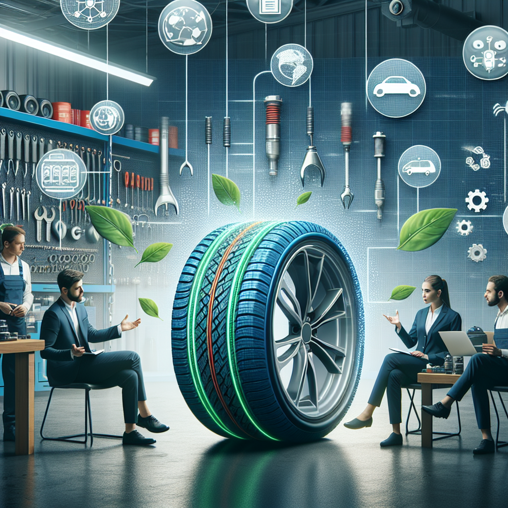 Imagine realista cu tehnologii moderne in productia anvelopelor fara cuie, inclusiv materiale ecologice si sisteme de control al presiunii. Toti oamenii sunt de tip european si discuta despre caracteristicile noilor produse in service-ul auto.