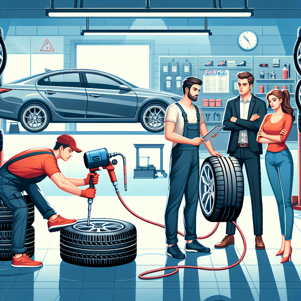 Imaginea unui automobil dotat cu anvelope Sunfull, pe un fundal care prezinta scene de schimbare a anvelopelor intr-un service auto, toate persoanele avand un aspect european.