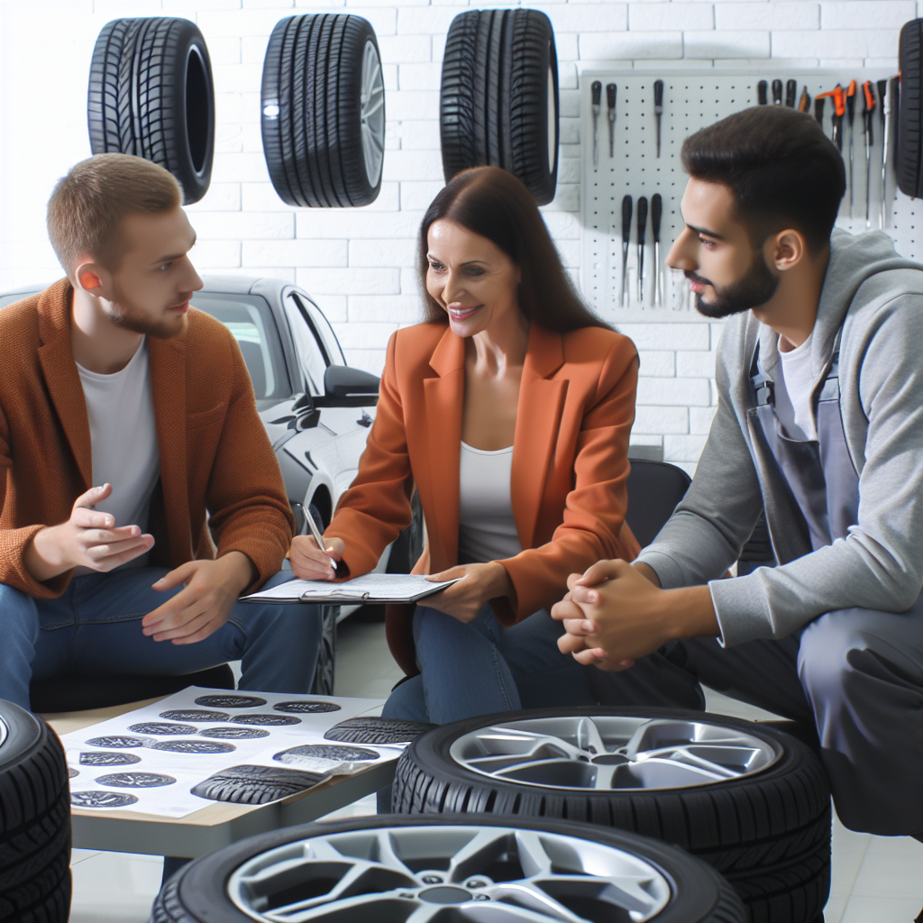 Imagine cu un seminar despre alegerea anvelopelor auto, unde oameni de tip european discuta modele de anvelope cu un consultant profesionist.
