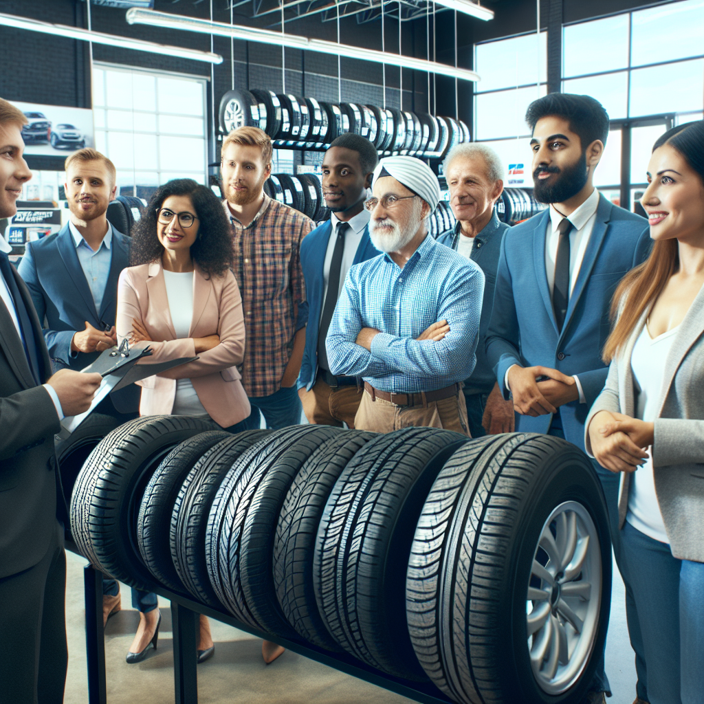 Imagine cu persoane care cumpără anvelope Tri Ace într-un service auto sau într-un magazin, explorând gama de produse și consultându-se cu vânzătorul, atmosfera fiind prietenoasă și profesională.