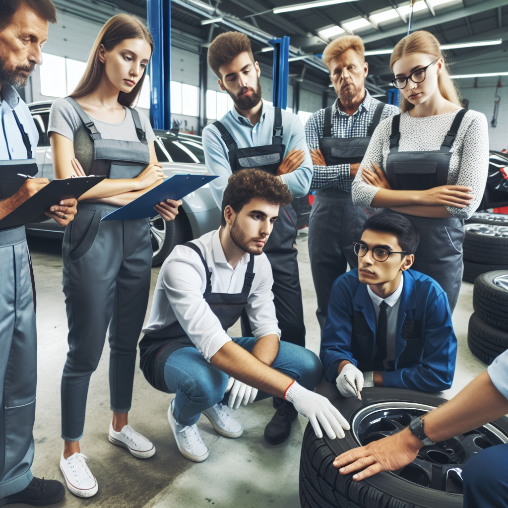 Imagine cu o echipă de profesioniști într-un service auto, care verifică starea anvelopelor și oferă sfaturi șoferilor despre înlocuire și întreținere, clienții având un aspect interesat, iar tehnologia fiind modernă și sigură.
