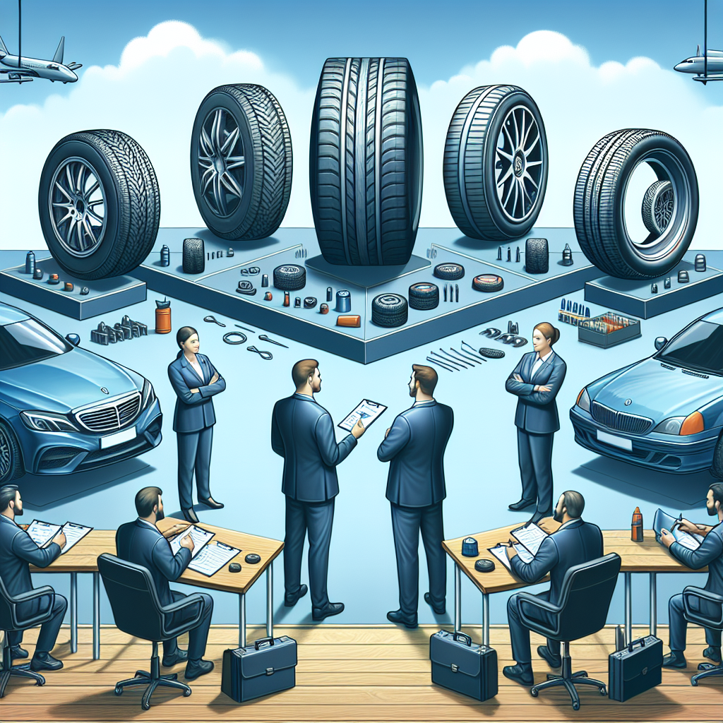 Imagine cu mai multe modele de anvelope Superia expuse pe fundalul unui service auto, unde au loc consultatii ale expertilor. Toate persoanele sunt de tip european.