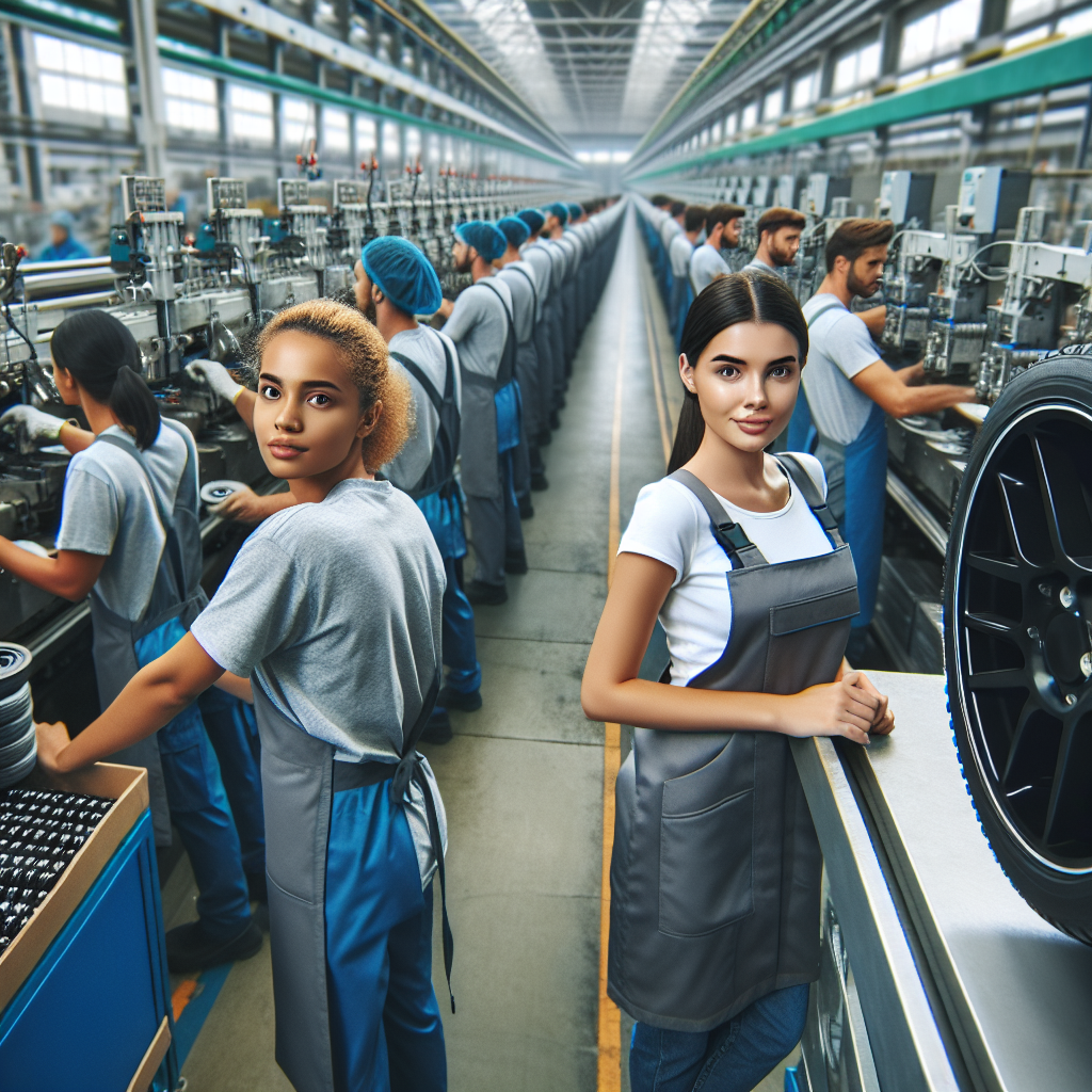Imagine cu liniile de productie ale anvelopelor Viatti la fabrica, unde angajatii poarta uniforme, fotografiata astfel incat sa nu poata fi deosebita de o fotografie reala.