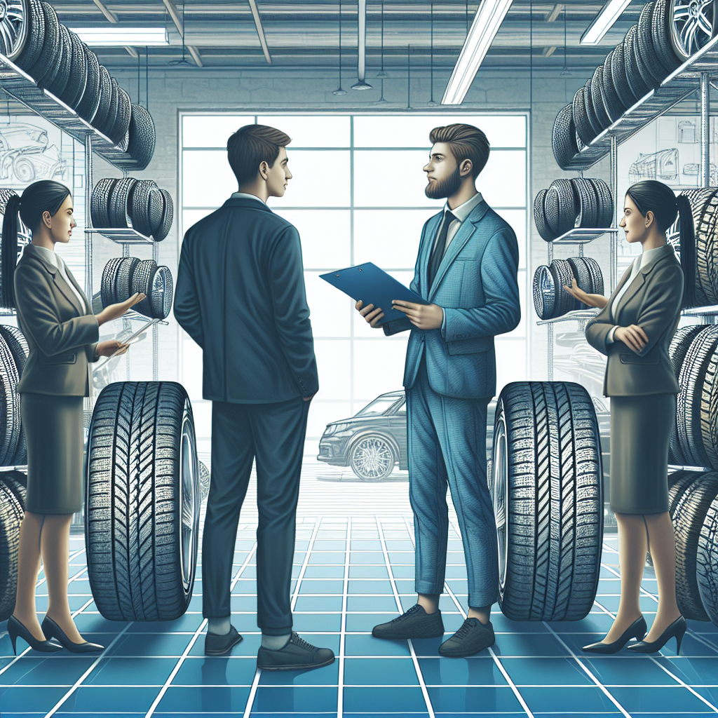 Imagine cu diferite tipuri de anvelope Tunga, expuse pe fundalul unui service auto modern, cu mestesugari europeni care studiaza anvelopele si comunica cu clienti care pun intrebari. Tuturor trebuie sa aiba un aspect european.