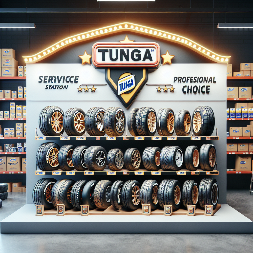 Imagine cu o anvelopa Tunga cu diferite tipuri de cauciuc, plasata pe o rafta a unui service auto, cu logo-ul companiei pe fundal, pentru a crea o atmosfera de alegere profesionala. Toate anvelopele sunt perfect expuse si lizibile. Toate imaginile trebuie sa arate ca fotografii reale cu un design si o atmosfera europeana.