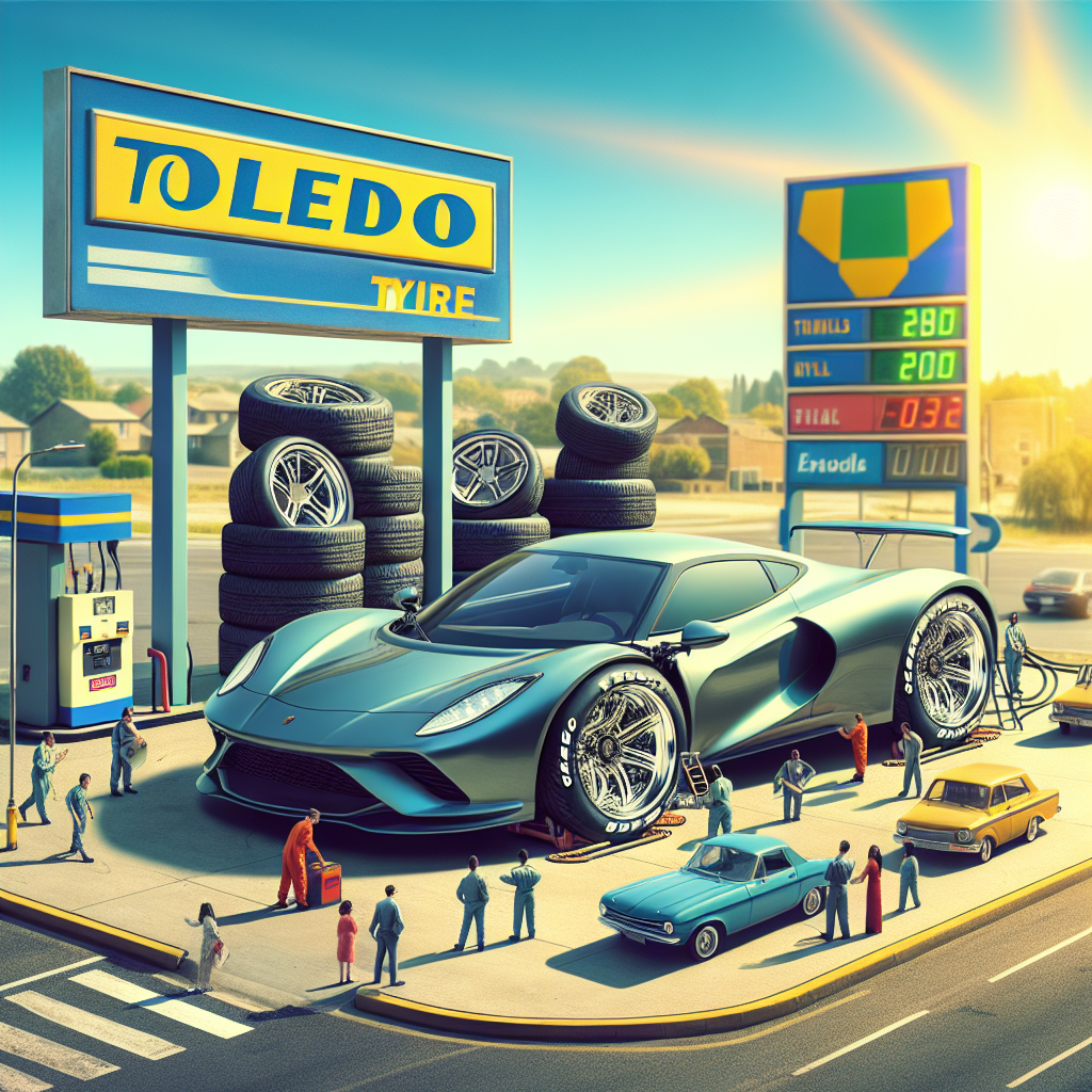 Fotografie cu anvelope Toledo montate pe un automobil sport la o statie de carburant, sub un cer senin si cu trafic redus. Toate persoanele din imagine sunt de tip european.