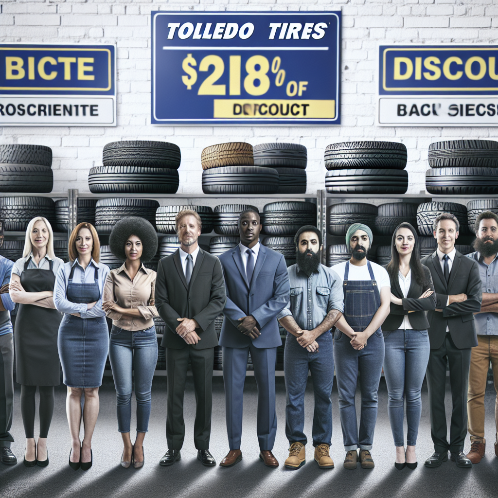 Fotografie cu diverse anvelope Toledo expuse intr-un magazin, cu reduceri si preturi vizibile. Toate persoanele din imagine sunt de tip european.