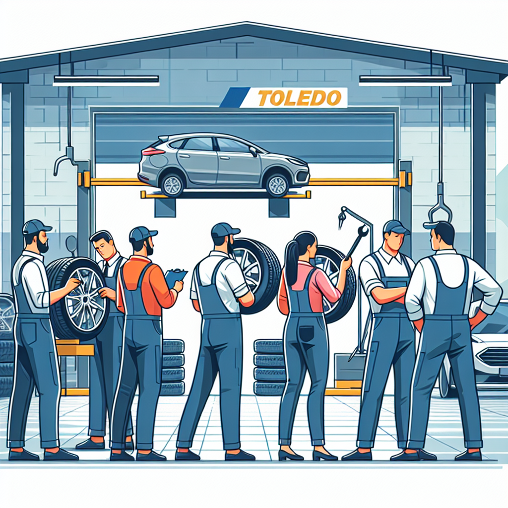 Fotografie cu un service auto, unde profesionisti monteaza anvelope Toledo pe un automobil, punand accent pe detalii pentru a sublinia siguranta si confortul. Toate persoanele din imagine sunt de tip european.