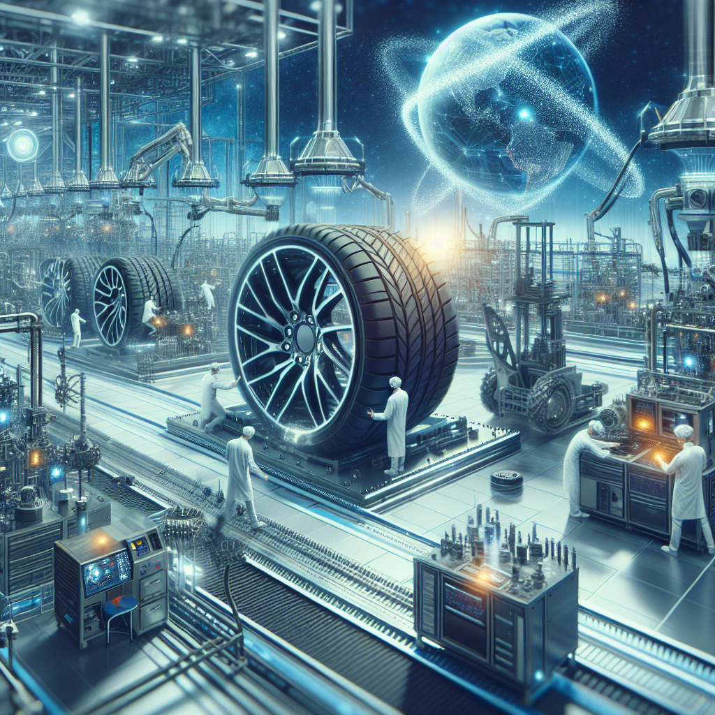 Imagine cu anvelopele Winda pe fundalul tehnologiilor moderne si uneltelor de productie, unde sunt fabricate anvelopele, totul arata in stil inalt tehnologizat. Oamenii de tip european lucreaza in productie, imaginea trebuie sa arate ca o fotografie.