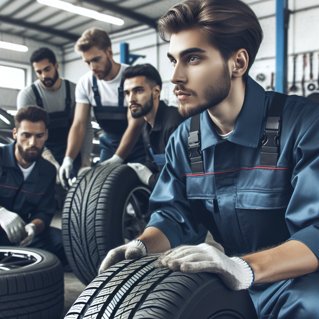 Fotografie a unui service auto modern cu mecanici lucrand la pneuri Semperit, featuring oameni cu aspect european, prezentand un mediu curat si profesional.