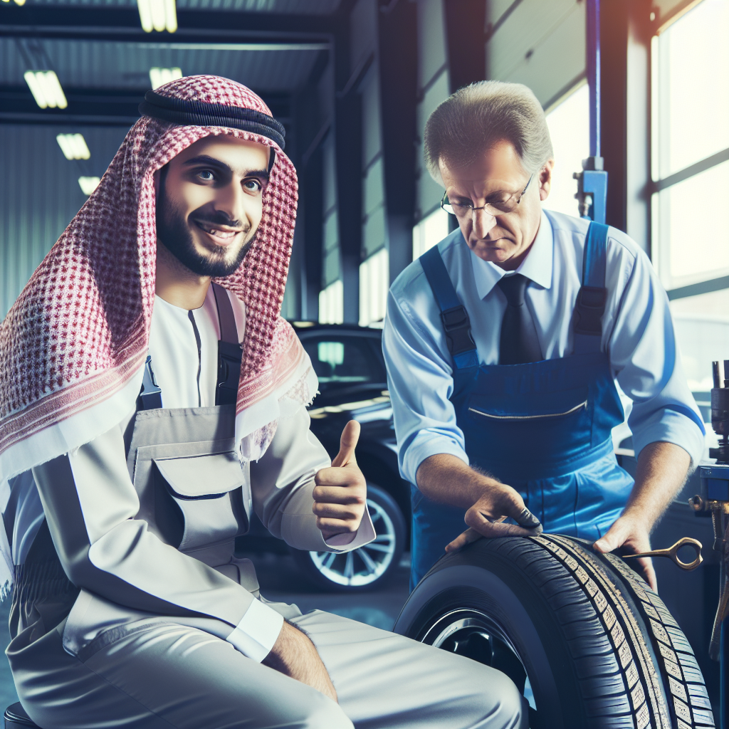 Fotografie a unui client multumit de pneurile Semperit la un service auto, cu un mecanic european asistandu-l, prezentand o atmosfera profesionala si servicii de calitate.