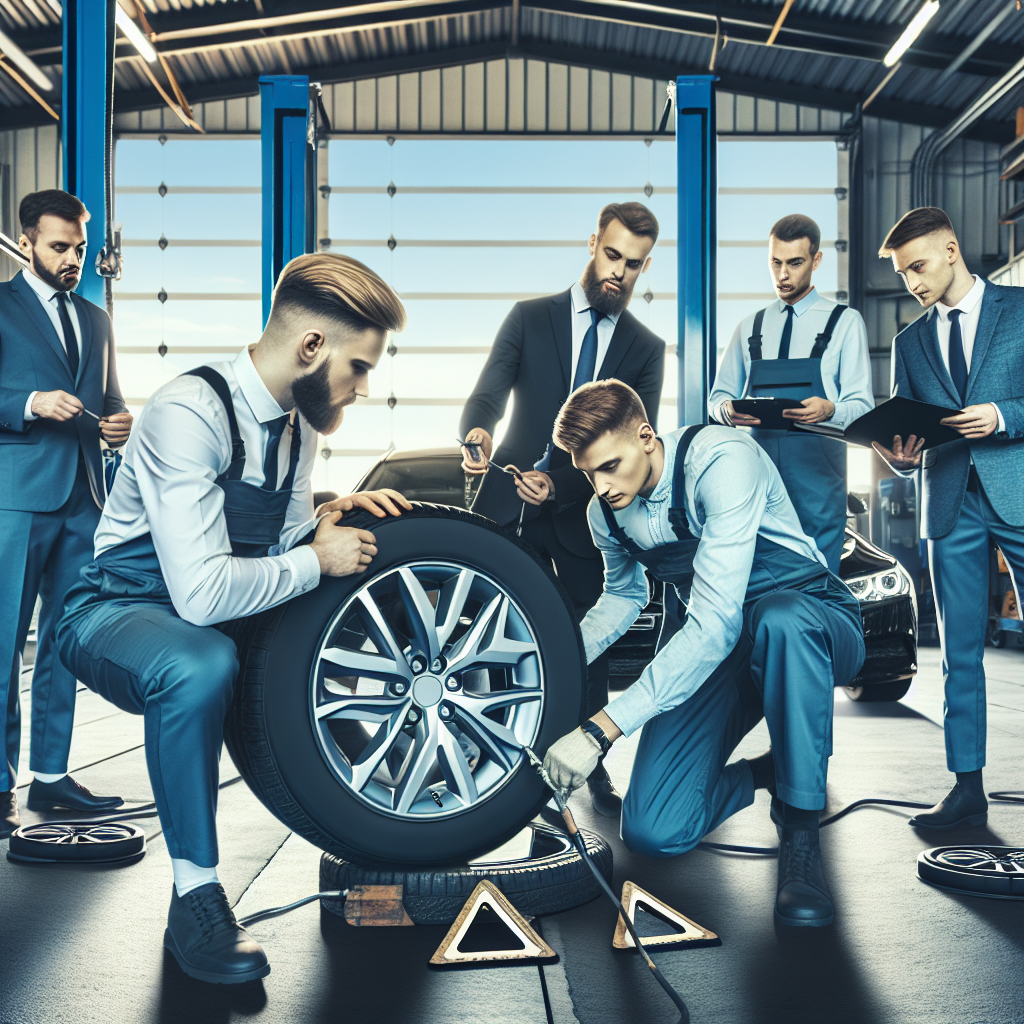 Imagine cu o echipa de lucru intr-un autovehicul, ocupandu-se de instalarea anvelopelor Triangle pe o masina, punand accent pe calitate si tehnologie avansata. Toate persoanele trebuie sa fie de tip european.