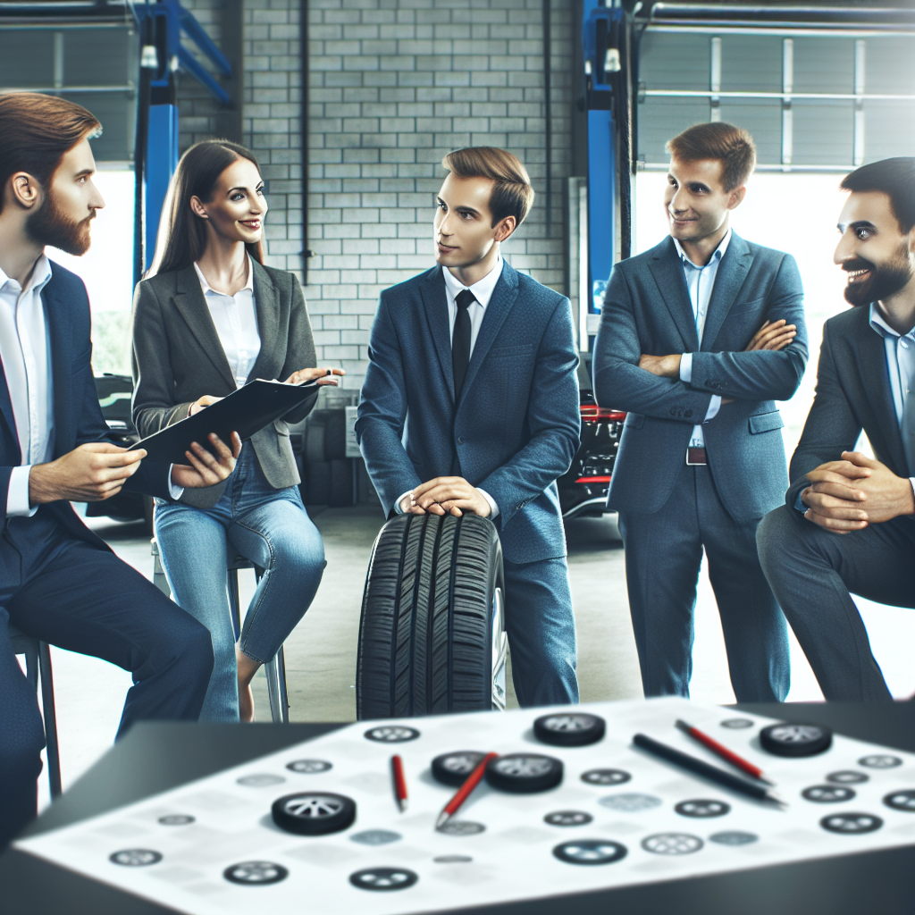 Imagine cu un grup de profesioniști in service auto, discutand despre tehnologiile inovatoare ale anvelopelor Triangle. Toate persoanele trebuie sa fie de tip european.