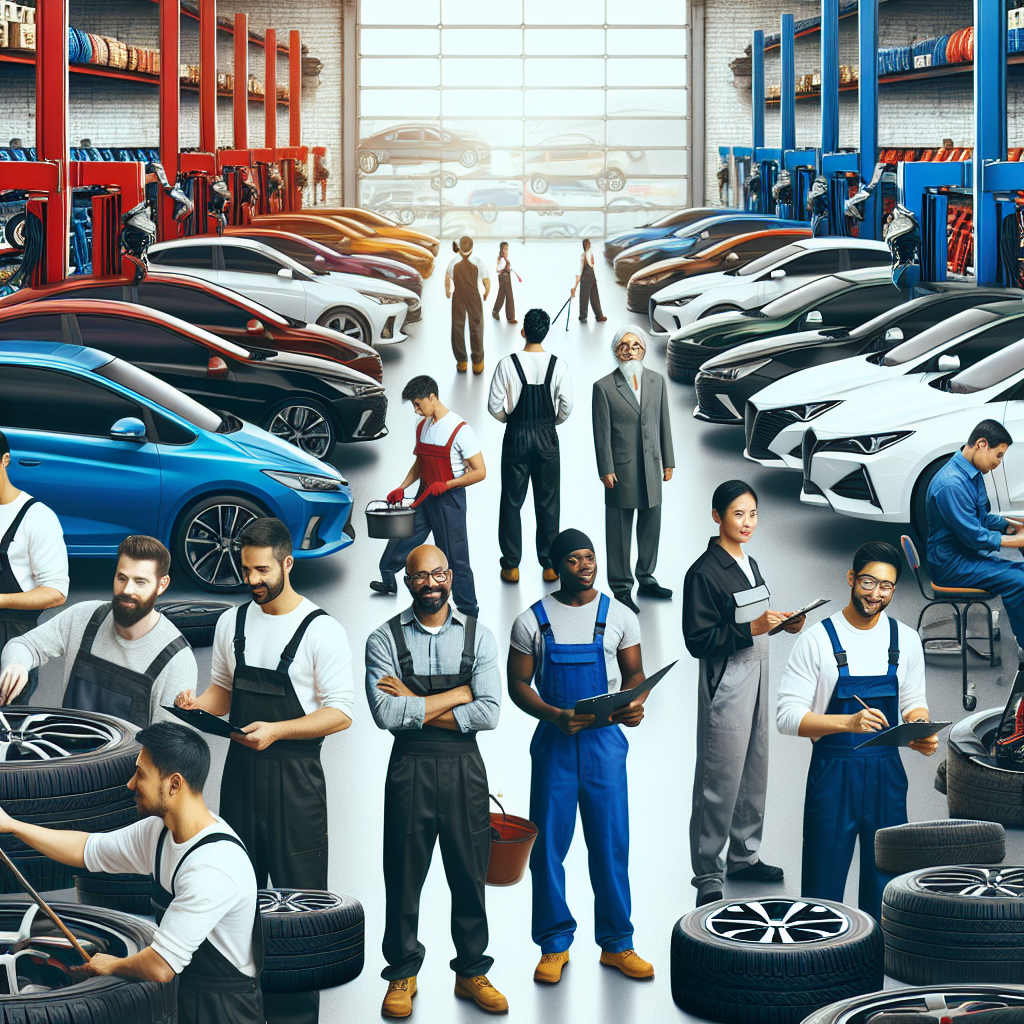 Imagine cu diferite modele de anvelope Vittos pe fondul unui service auto, cu profesionisti europeni lucrand la masini.