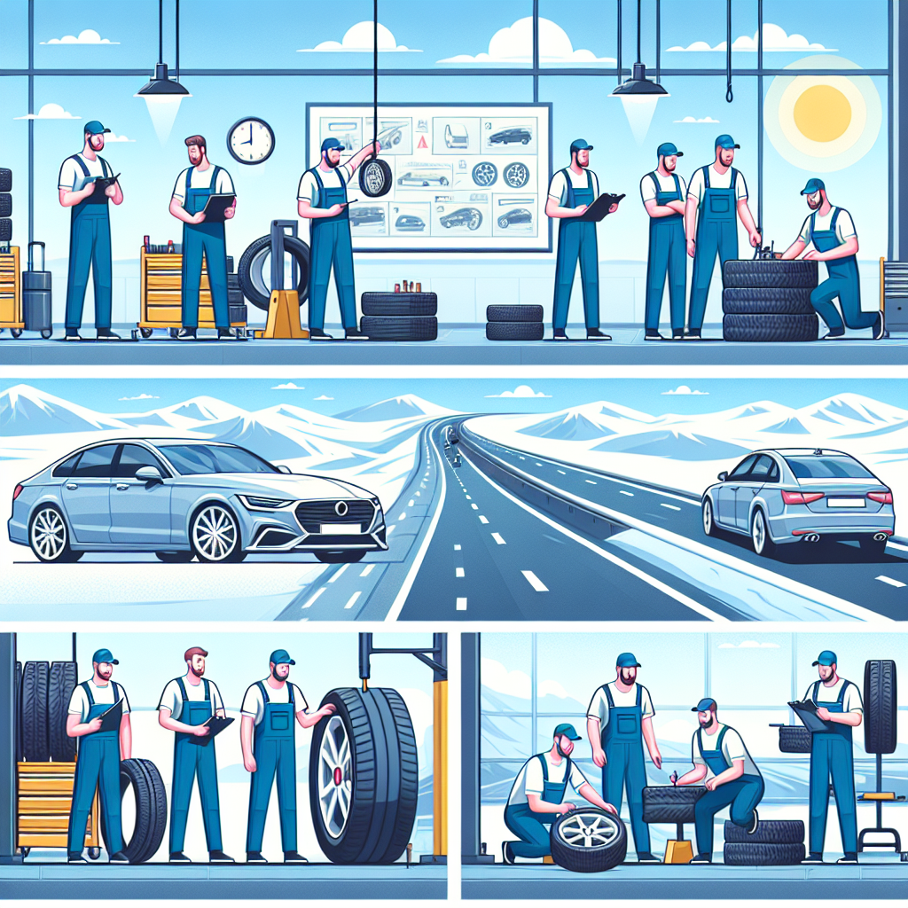Imagine cu mecanici de service auto verificand starea anvelopelor Vittos, cu diferite conditii de drum (iarna, vara) pe fundal, fiind toti europeni.