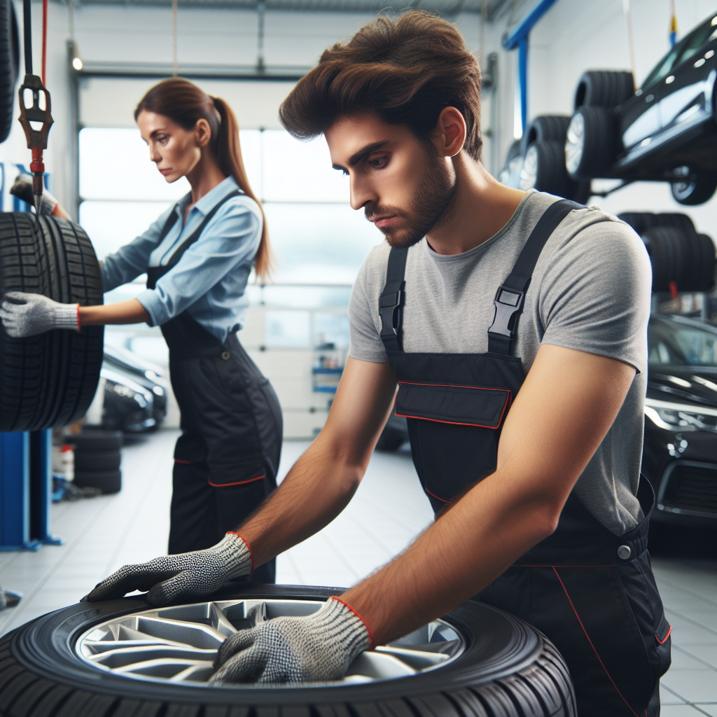 O imagine a mecanicilor profesionisti de la CasaAuto verificand si instaland cu precizie anvelope Vredestein pe o masina intr-un garaj modern, evidentiind expertiza si atentie.