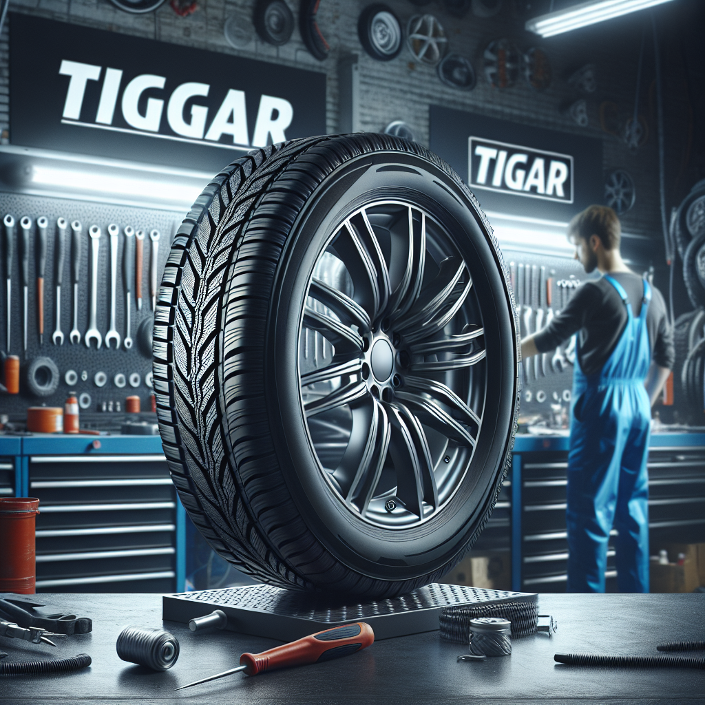 Imagine cu anvelope Tigar pe fundalul unei masini de reparatii auto, unde mecanicii europeni lucreaza, iluminat atent si de calitate, transmițând o atmosfera de profesionalism și fiabilitate. Fotografia trebuie să pară naturală și realistă, ca o fotografie adevărată.