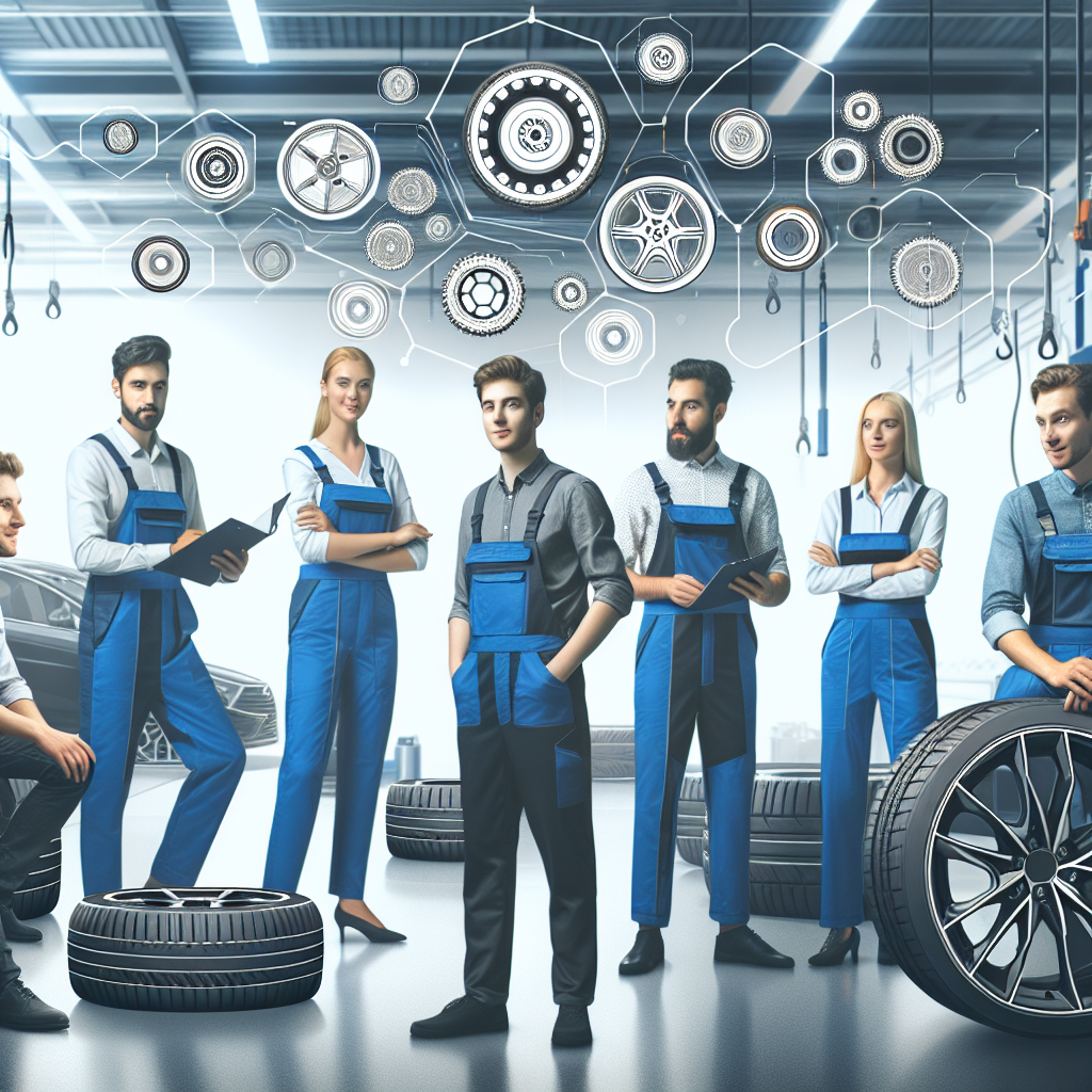 Imagine cu angajati ai unui service auto care lucreaza cu anvelope Wanli, pe fond de echipamente moderne. Toti oamenii au aspect european.