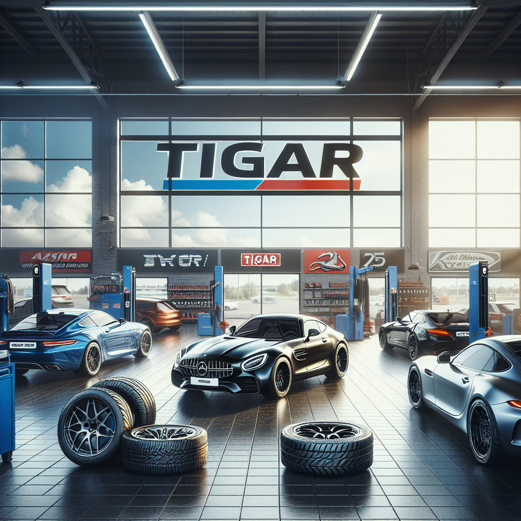 Imagine cu anvelope Tigar pe fundalul unor masini moderne intr-un atelier auto. Toate masinile trebuie sa fie de tip european si sa aiba un aspect stilat si fiabil. Atmosfera trebuie să transmită profesionalism și calitate.