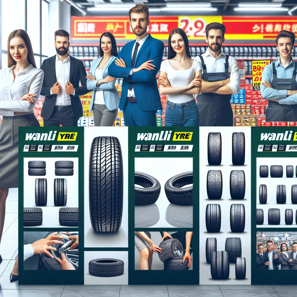 Imagine cu anvelope Wanli expuse spre vanzare intr-un magazin, cu accent pe caracteristicile lor unice prezentate pe etichete, pe fondul unei vitrine luminoase si atractive. Toti oamenii au aspect european.