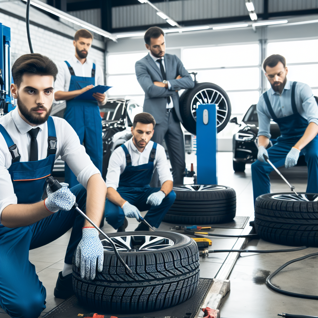 Imagine care arata procesul de inlocuire a anvelopelor Wanli intr-un service auto, cu accent pe profesionisti care lucreaza cu echipamente moderne. Toti oamenii au aspect european.