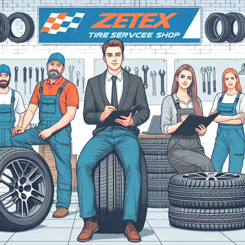 Imaginea unui service auto unde profesionisti lucreaza cu anvelope Zeetex. Toate persoanele din fotografie sunt de tip european, iar ambientul arata prietenos si profesional.