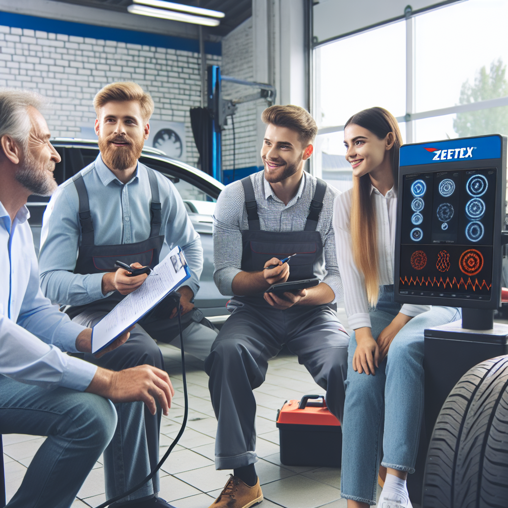 Imaginea unui service auto unde specialisti efectueaza diagnosticarea anvelopelor Zeetex si converseaza cu un client. Toate persoanele din imagine sunt de tip european, iar atmosfera este prietenoasa si profesionala.