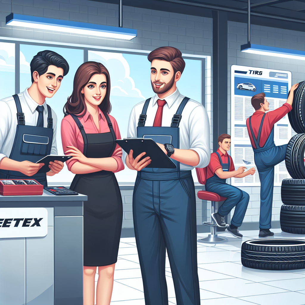 Imaginea procesului de selectionare si montare a anvelopelor Zeetex intr-un service auto. Toate persoanele din imagine sunt de tip european, iar atmosfera este profesionala si prietenoasa.