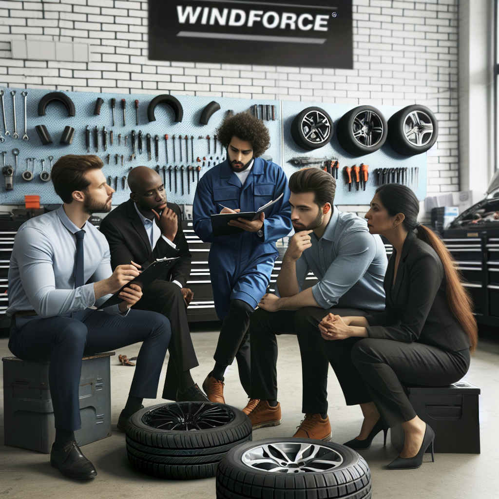 Imagine cu oameni care studiaza anvelopele Windforce intr-un service auto, discutand despre avantajele fiecarui model, aratand ca o fotografie reala.