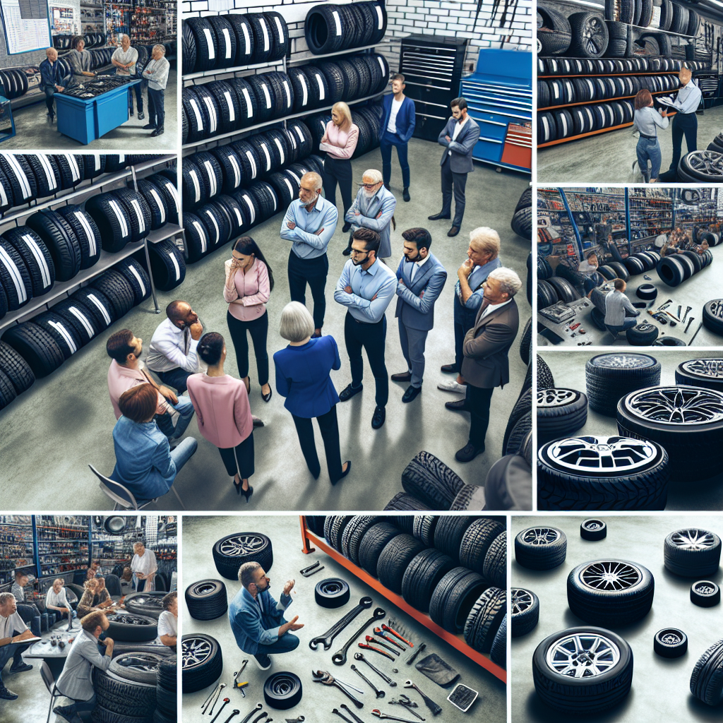 Imagine care ilustreaza procesul de alegere a anvelopelor Strial intr-un service auto. Toate persoanele din imagine sunt de tip european si par a fi interesate de selectie.