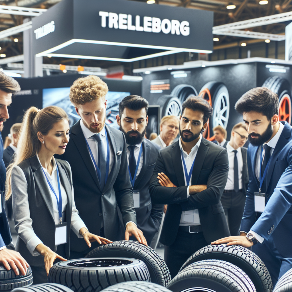Imagine cu anvelope Trelleborg la o expozitie in service auto, unde vizitatorii examineaza anvelopele si se consulta cu managerii. Toate persoanele din imagine trebuie sa fie de tip european.