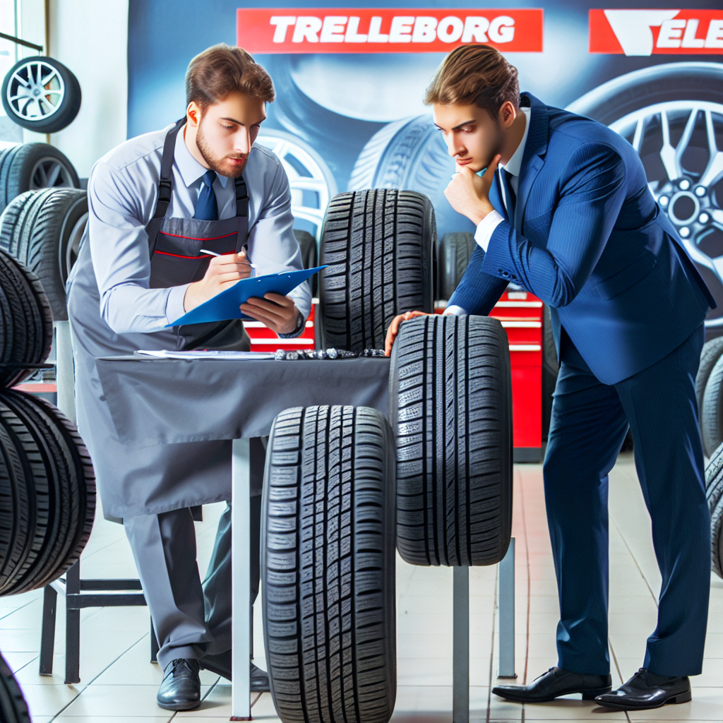 Imagine cu procesul de alegere a anvelopelor Trelleborg: o persoana se consulta cu un expert in service auto, studind diferite modele de anvelope. Toate persoanele din imagine trebuie sa fie de tip european.
