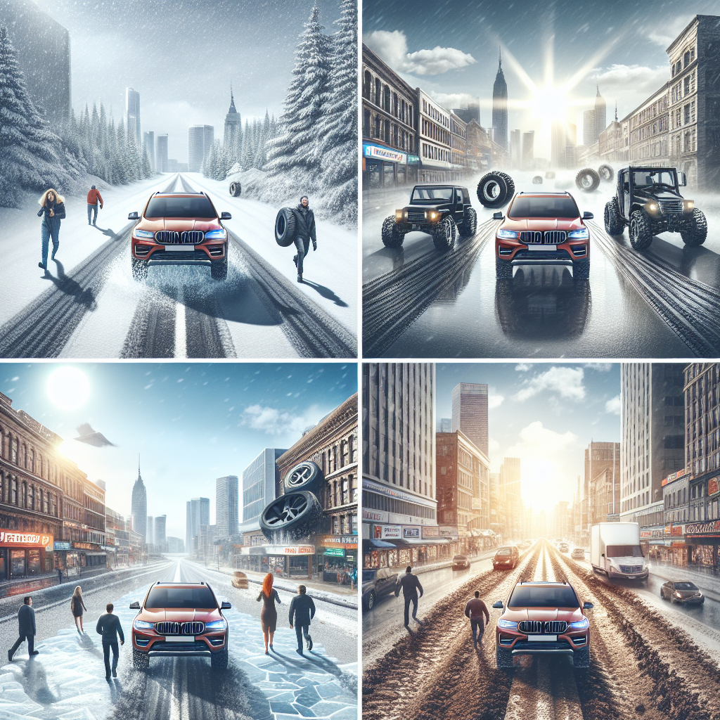 Imagine care arata diverse conditii de utilizare a anvelopelor Trelleborg: drum de iarna, asfalt de vara, conditii off-road si strazi urbane. Toate persoanele din imagine trebuie sa fie de tip european.