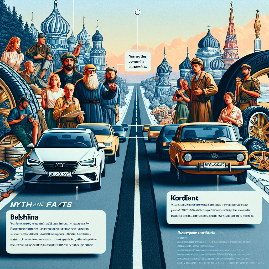 Imaginea ilustreaza doua automobile cu anvelope Belshina si Cordiant pe fundalul unei sosele, cu explicatii despre miturile si faptele acestor marci. Toti oamenii din fotografie sunt de tip european.