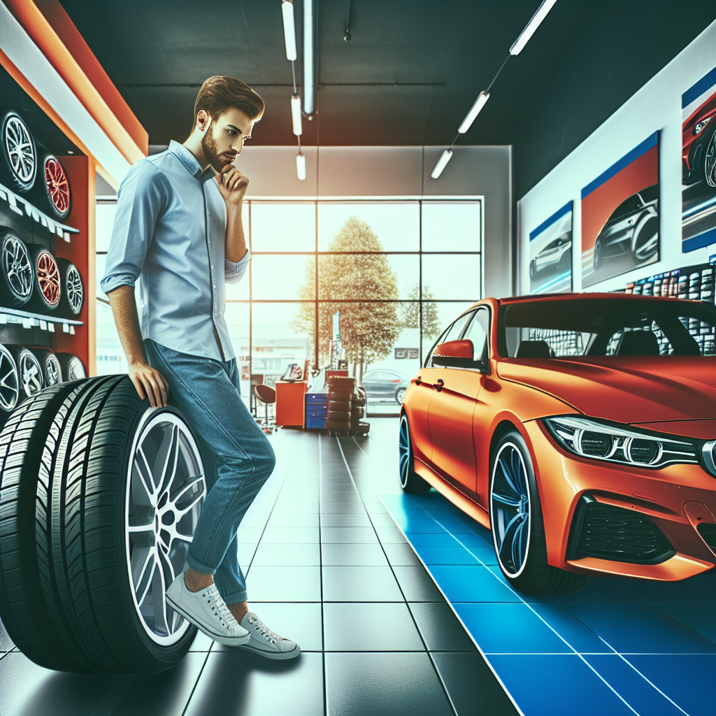 Imagine cu un om care alege anvelope touring pentru automobil intr-un service auto, oameni de tip european, interior modern, culori vii.