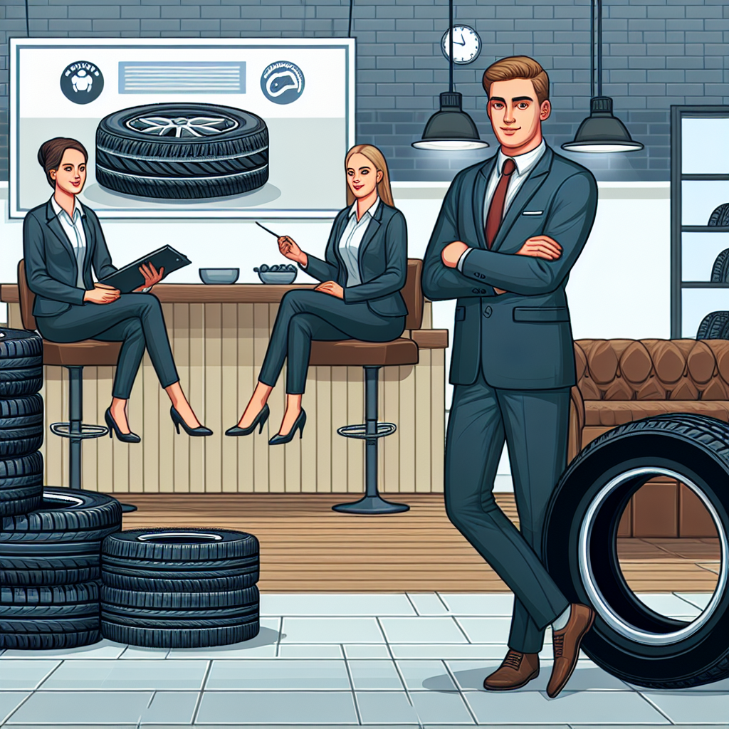 Imagine cu anvelope de inalta calitate Winrun expuse pentru vanzare intr-un service auto, cu un fundal care imita un magazin confortabil si profesionisti consultanti, toti oamenii de tip european.