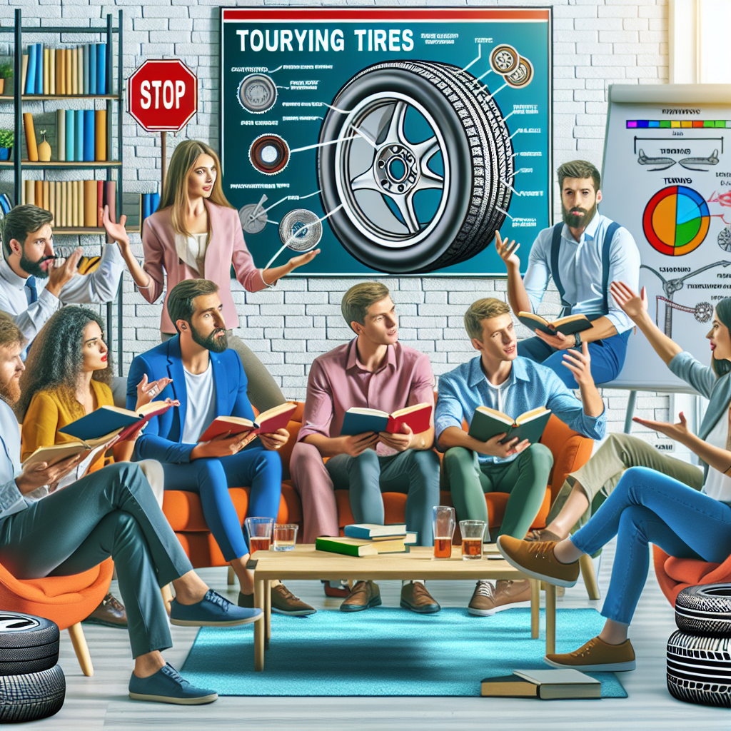 Imagine cu oameni care citesc si discuta despre diferentele dintre mituri si realitate referitor la anvelopele touring, oameni de tip european, interior modern, culori vii.