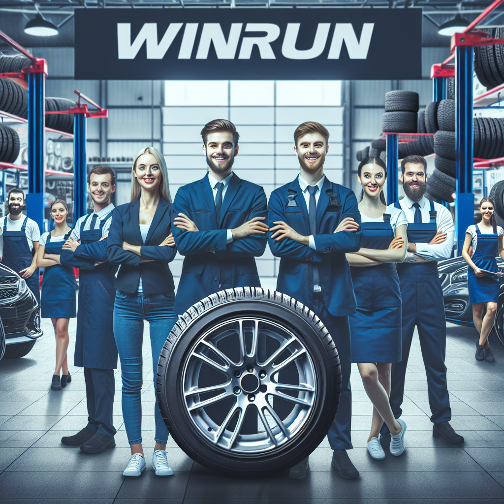 Imagine cu anvelope Winrun montate pe un automobil, pe fundalul unui service auto, unde specialistii zambesc, toti fiind de tip european.