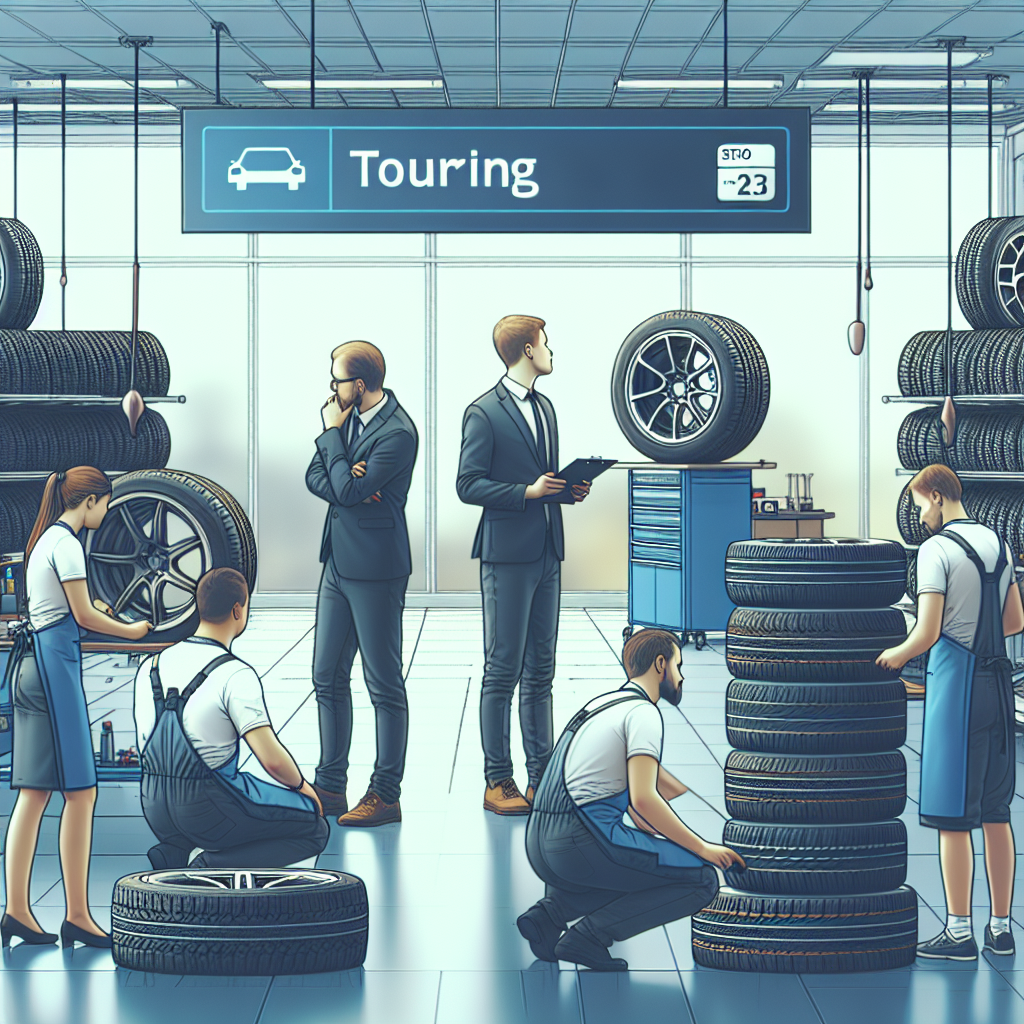 Imagine cu procesul de verificare a starii anvelopelor touring intr-un service auto numit CasaAuto, oameni de tip european, interior modern, atmosfera profesionala.