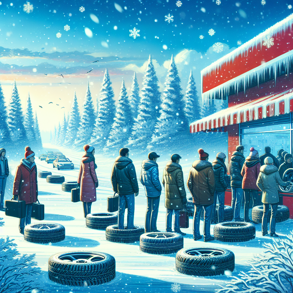 Imagine cu anvelope de iarna pe fundal de peisaj hibernal, cu oameni care achizitioneaza cauciucuri la un atelier auto. Toate persoanele au tipologie europeana.