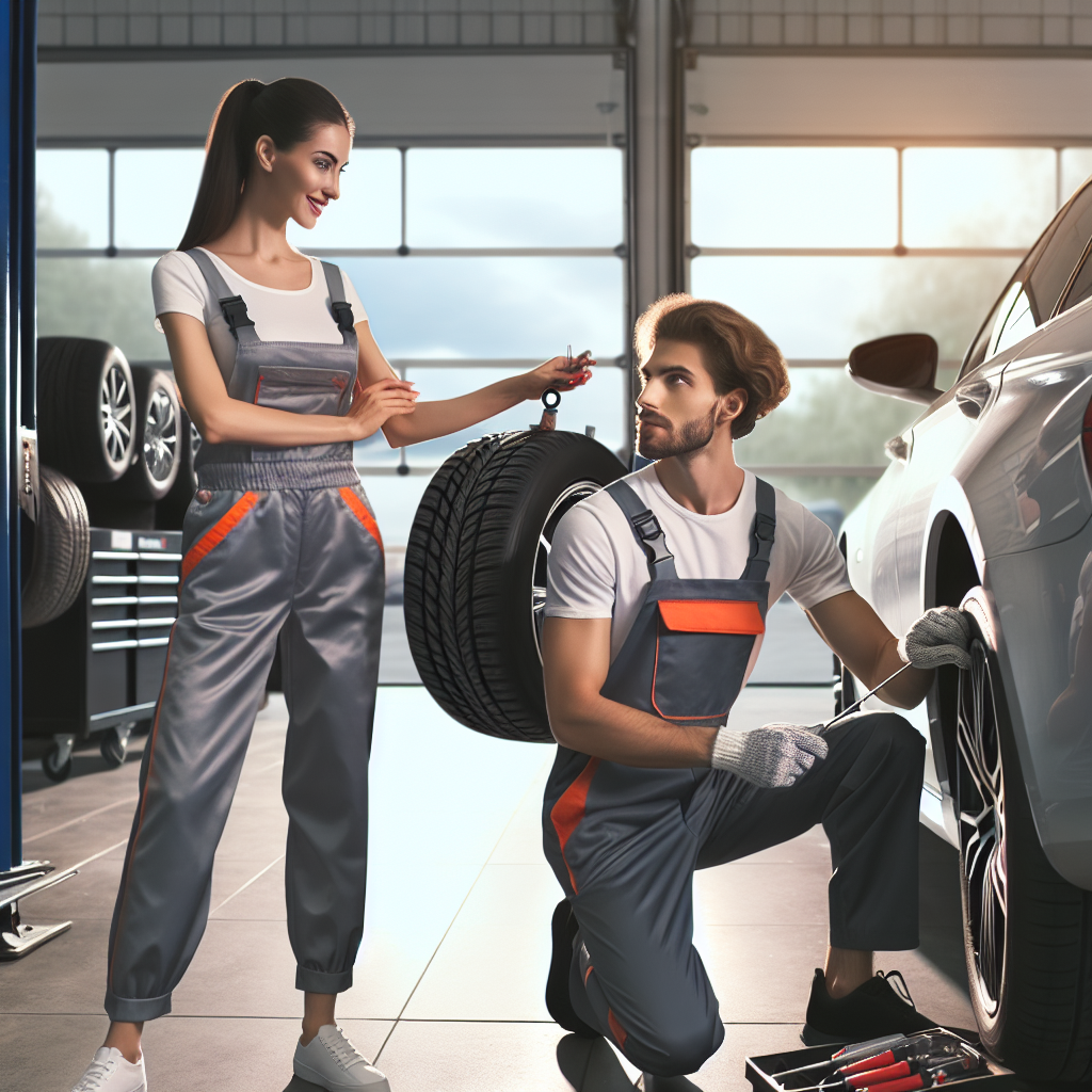 Imagine cu un specialist intr-un service auto, montand anvelope Winrun pe un automobil, accentuand calitatea inalta a serviciului si disponibilitatea de a ajuta clientul, toti oamenii fiind de tip european.