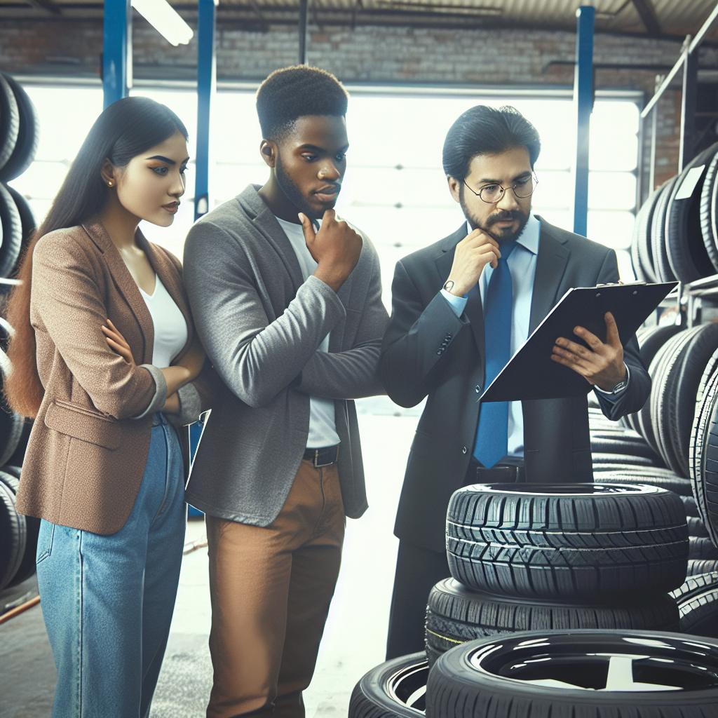 Imagine cu oameni europeni alegand anvelope de vara pentru automobil, consultandu-se cu un vanzator intr-un service auto.