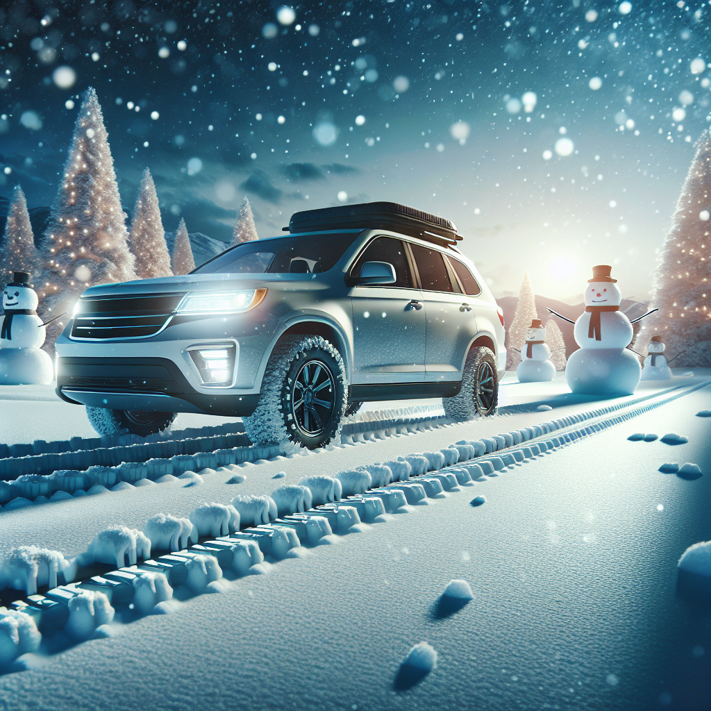Paysaj de iarna cu automobil pe anvelope viking, soferul conduce cu incredere, zapada, oameni de zapada frumosi la orizont, iluminare realista, atmosfera calma si sigura, oameni de tip european.